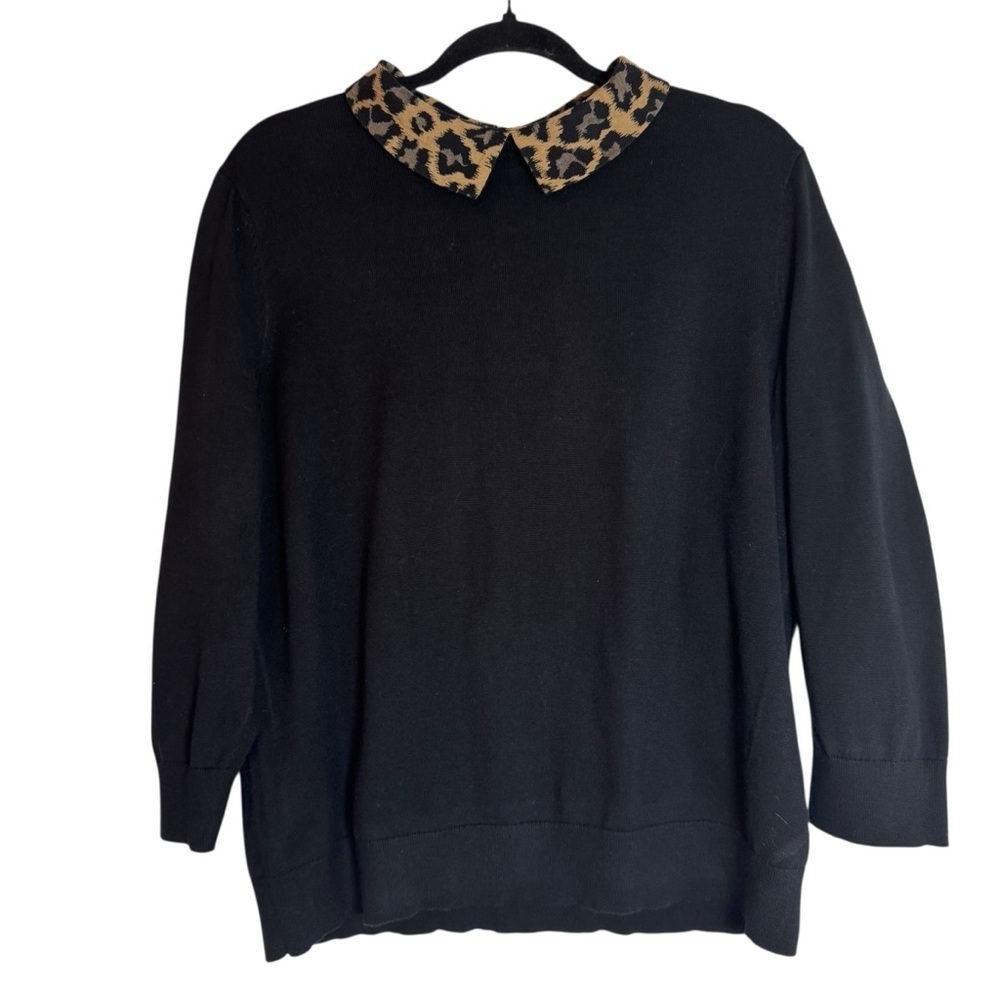 Talbots Black XL Petite Sweater with Animal Print Collar